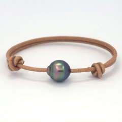 Leather Bracelet and 1 Tahitian Pearl Ringed C 11.5 mm