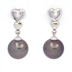 Rhodiated Sterling Silver Earrings and 2 Tahitian Pearls Round C 8.1 mm