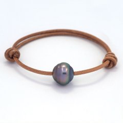 Leather Bracelet and 1 Tahitian Pearl Ringed C 13 mm