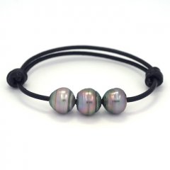 Leather Bracelet and 3 Tahitian Pearls Ringed C 11.5 to 11.8 mm