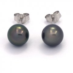 Rhodiated Sterling Silver Earrings and 2 Tahitian Pearls Near-Round B/C 8 mm