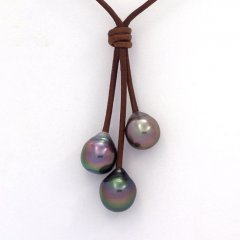 Leather Necklace and 3 Tahitian Pearls Semi-Baroque B  9.7 to 10.2 mm