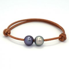 Leather Bracelet and 2 Tahitian Pearls Round C 10.1 mm