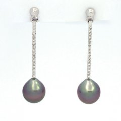Rhodiated Sterling Silver Earrings and 2 Tahitian Pearls Semi-Baroque B 9 and 9.1 mm