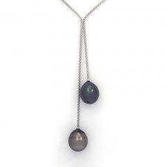 Rhodiated Sterling Silver Necklace and 2 Tahitian Pearls Ringed C 13.2 and 13.3 mm