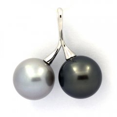 Rhodiated Sterling Silver Pendant and 2 Tahitian Pearls Round C 13.6 and 13.7 mm