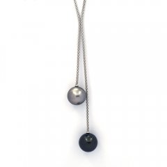 Rhodiated Sterling Silver Necklace and 2 Tahitian Pearls Round B/C 12.6 and 12.8 mm
