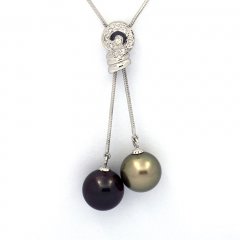 Rhodiated Sterling Silver Necklace and 2 Tahitian Pearls Round C+ 11 and 11.3 mm