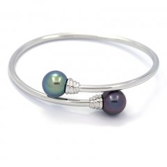 Rhodiated Sterling Silver Bracelet and 2 Tahitian Pearls Round C+ 10.8 mm