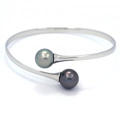 Rhodiated Sterling Silver Bracelet and 2 Tahitian Pearls Round C 11 and 11.1 mm