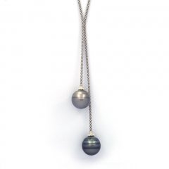 Rhodiated Sterling Silver Necklace and 2 Tahitian Pearls Ringed C 13 and 13.1 mm