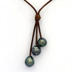 Leather Necklace and 3 Tahitian Pearls Ringed C  10 to 10.2 mm