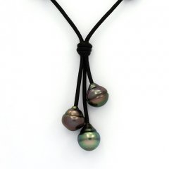 Leather Necklace and 3 Tahitian Pearls Ringed B 10.1 to 10.3 mm