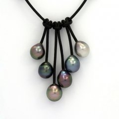 Leather Necklace and 6 Tahitian Pearls Semi-Baroque C  9 to 9.5 mm