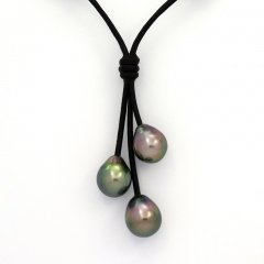 Leather Necklace and 3 Tahitian Pearls Semi-Baroque B  9 to 9.3 mm