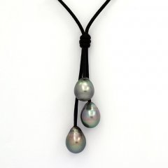 Leather Necklace and 3 Tahitian Pearls Semi-Baroque B  9.6 to 9.9 mm