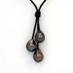 Leather Necklace and 3 Tahitian Pearls Semi-Baroque B  9.7 to 9.9 mm