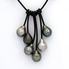 Leather Necklace and 6 Tahitian Pearls Ringed B  10 to 10.3 mm