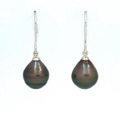 Rhodiated Sterling Silver Earrings and 2 Tahitian Pearls Ringed B 9.7 and 9.9 mm