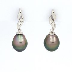 Rhodiated Sterling Silver Earrings and 2 Tahitian Pearls Semi-Baroque B 9 and 9.2 mm