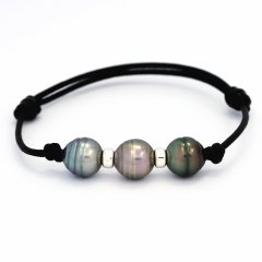Leather Bracelet and 3 Tahitian Pearls Ringed C 9.7 mm