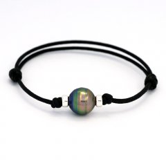 Waxed Cotton Bracelet and 1 Tahitian Pearl Ringed C+ 11 mm