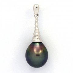 Rhodiated Sterling Silver Pendant and 1 Tahitian Pearl Semi-Baroque C 10.9 mm