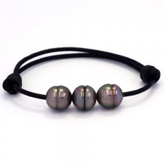 Leather Bracelet and 3 Tahitian Pearls Ringed B 10.5 mm