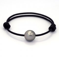 Leather Bracelet and 1 Tahitian Pearl Near-Round C 12.4 mm