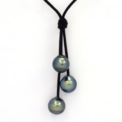 Leather Necklace and 3 Tahitian Pearls Ringed C+  10 to 10.3 mm