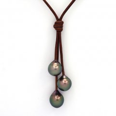 Leather Necklace and 3 Tahitian Pearls Semi-Baroque B  9.5 to 9.9 mm