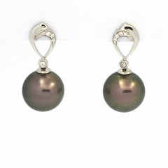 Rhodiated Sterling Silver Earrings and 2 Tahitian Pearls Round C 11 mm