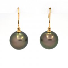 18K solid Gold Earrings and 2 Tahitian Pearls Round B/C 13.2 and 13.3 mm