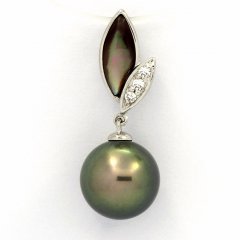 Rhodiated Sterling Silver Pendant and 1 Tahitian Pearl Round C 9.9 mm