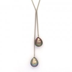 Rhodiated Sterling Silver Necklace and 2 Tahitian Pearls Semi-Baroque C 12.4 mm