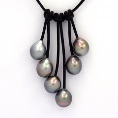 Leather Necklace and 6 Tahitian Pearls Semi-Baroque B  9.5 to 9.9 mm