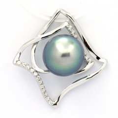 Rhodiated Sterling Silver Pendant and 1 Tahitian Pearl Semi-Baroque B 9.6 mm