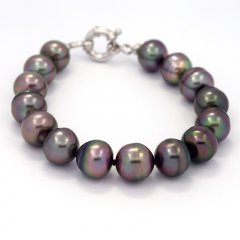 15 Tahitian Pearls Ringed B  10.2 to 10.9 mm Bracelet and Rhodiated Sterling Silver