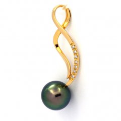 18K solid Gold Pendant + 7 diamonds 0.01 carats HS1 and 1 Tahitian Pearl Round Top Gem 9.3 mm