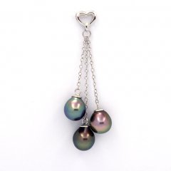 Rhodiated Sterling Silver Pendant and 3 Tahitian Pearls Semi-Baroque A/B 8.4 to 8.6 mm