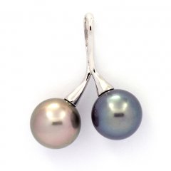 Rhodiated Sterling Silver Pendant and 2 Tahitian Pearls Round C 10.2 and 10.4 mm