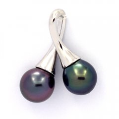 Rhodiated Sterling Silver Pendant and 2 Tahitian Pearls Semi-Baroque B+ 9.5 and 9.6 mm