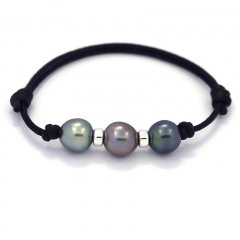 Waxed Cotton Bracelet and 3 Tahitian Pearls Semi-Baroque C  9.2 to 9.3 mm