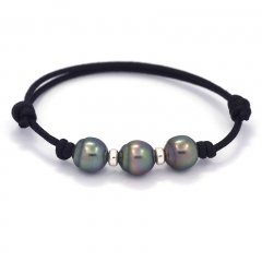 Waxed Cotton Bracelet and 3 Tahitian Pearls Semi-Baroque B  8.6 to 8.7 mm
