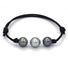 Waxed Cotton Bracelet and 3 Tahitian Pearls Round C  9.5 to 10 mm