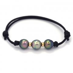 Waxed Cotton Bracelet and 3 Tahitian Pearls Semi-Baroque B 8.8 mm