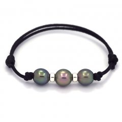 Waxed Cotton Bracelet and 3 Tahitian Pearls Semi-Baroque C  9 to 9.2 mm