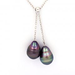 Rhodiated Sterling Silver Necklace and 2 Tahitian Pearls Ringed C 8.8 mm