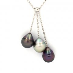 Rhodiated Sterling Silver Necklace and 3 Tahitian Pearls Ringed B  8.8 to 8.9 mm