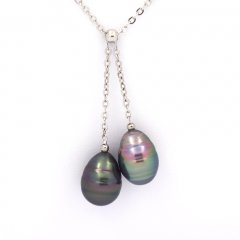 Rhodiated Sterling Silver Necklace and 2 Tahitian Pearls Ringed C 9.1 and 9.3 mm